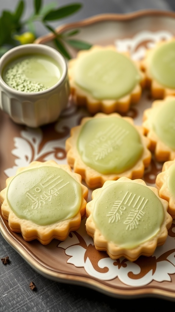 A plate of matcha green tea puff pastry cookies with a cup of matcha tea.