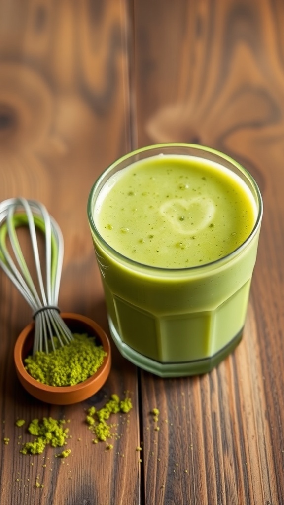 A glass of matcha green tea smoothie with a whisk and matcha powder on a wooden surface.