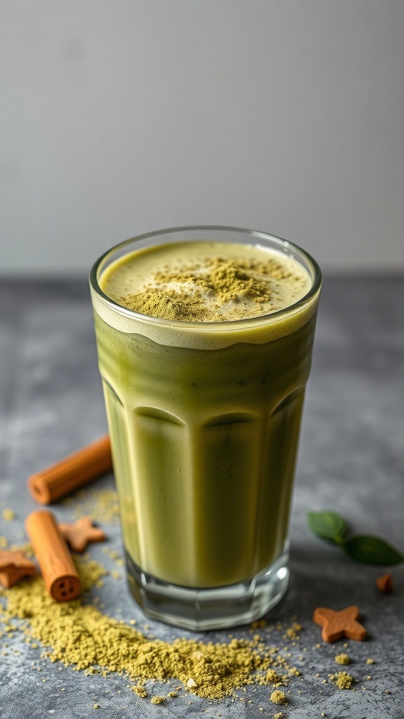 A glass of Matcha Green Tea Smoothie garnished with matcha powder and cinnamon sticks.