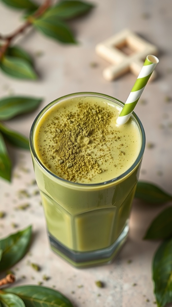 A glass of Matcha Green Tea Smoothie topped with matcha powder and a green striped straw, surrounded by green leaves.