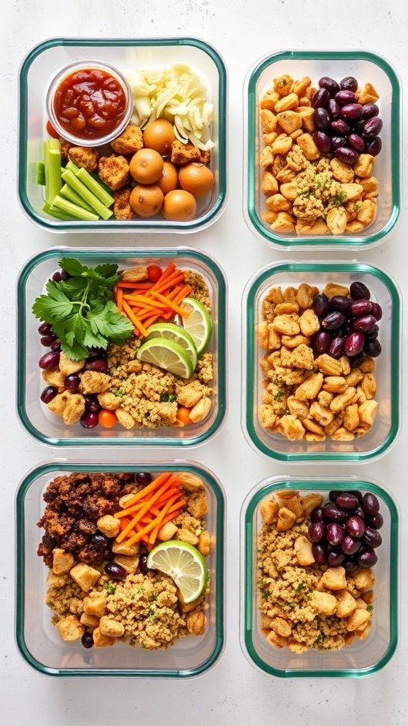 Meal prep containers filled with Bang Bang Chicken, couscous, and fresh vegetables.