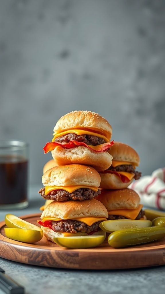 A stack of meat and cheese sliders on a wooden platter with pickles