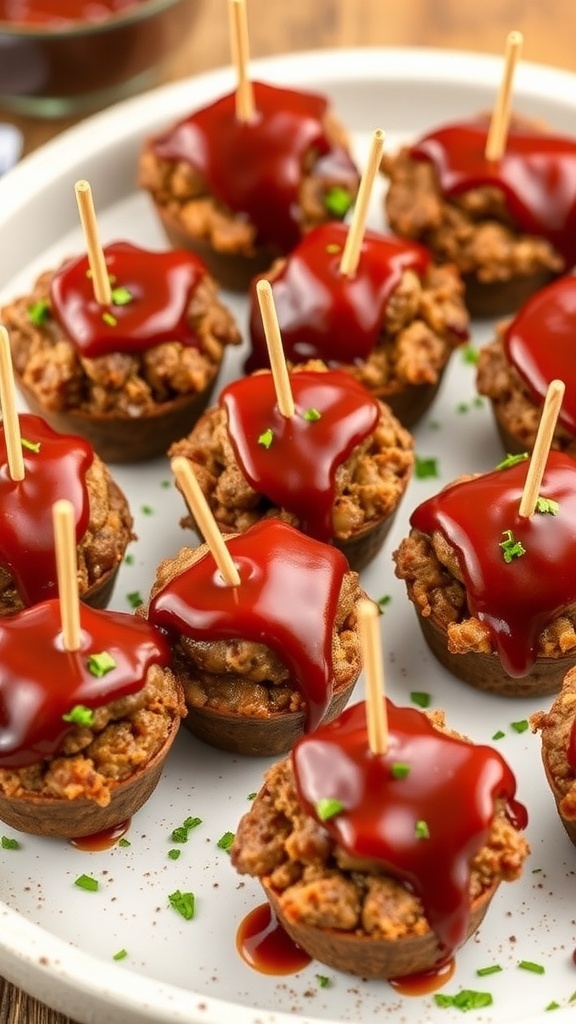 A plate of meatloaf muffins topped with BBQ sauce and toothpicks.