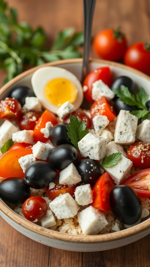 A colorful Mediterranean breakfast bowl with tomatoes, olives, and feta cheese.