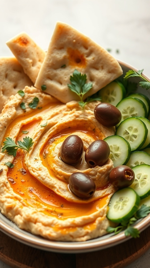 A Mediterranean breakfast bowl with hummus, olives, cucumber slices, and pita bread.