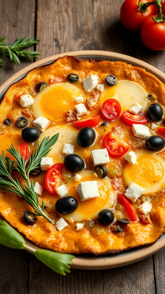 A Mediterranean breakfast casserole topped with olives, tomatoes, and feta cheese.