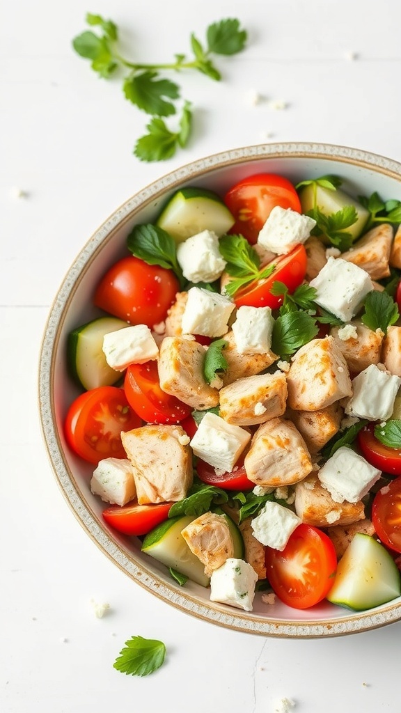 A bowl of Mediterranean chicken salad with chicken, tomatoes, cucumbers, and feta cheese.
