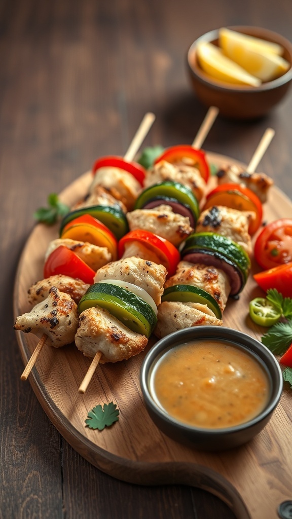 Mediterranean chicken skewers with colorful vegetables on a wooden platter.