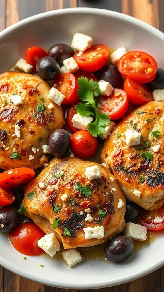 Mediterranean chicken thighs with tomatoes, olives, and feta cheese