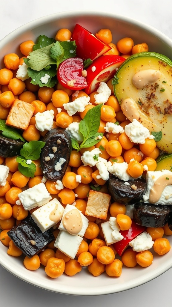 A colorful Mediterranean Chickpea Bowl with chickpeas, grilled vegetables, cheese, and herbs.