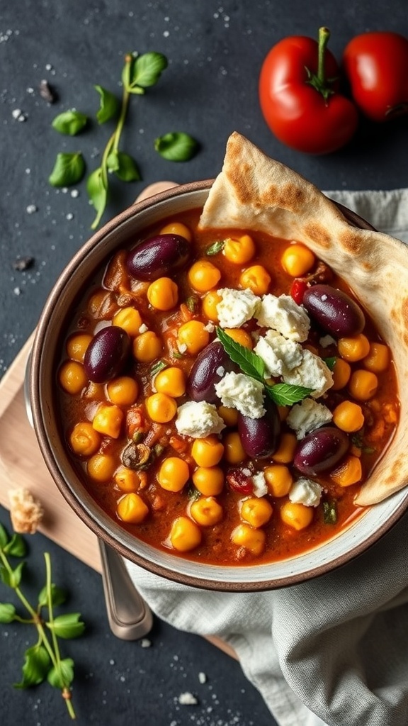 A bowl of Mediterranean Chickpea Chili topped with feta cheese and served with pita bread.