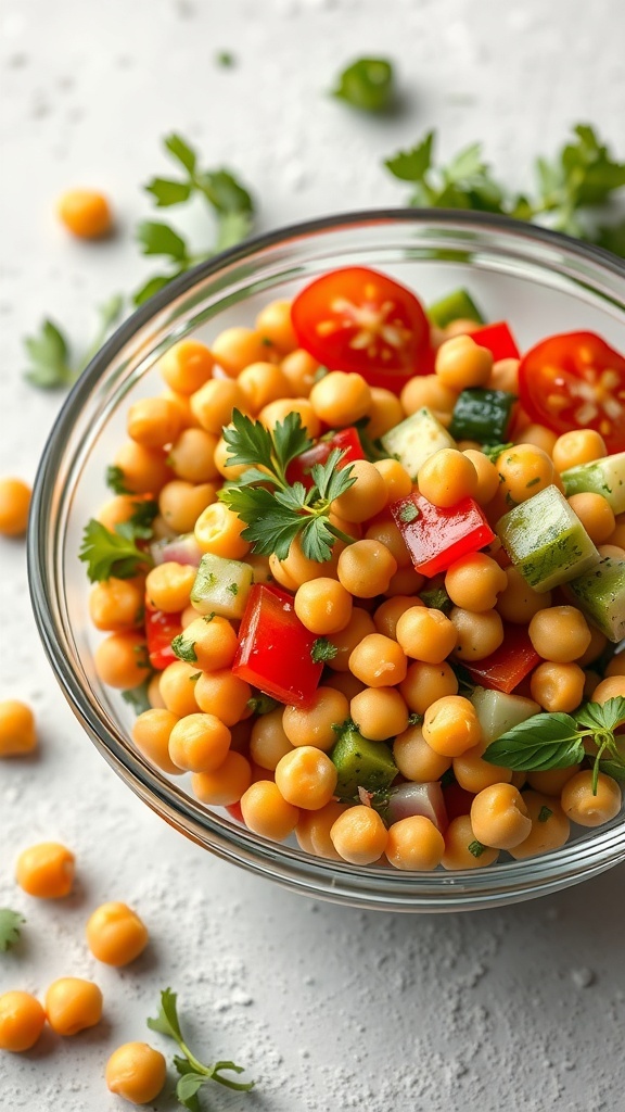 A bowl of Mediterranean Chickpea Salad with chickpeas, cherry tomatoes, cucumbers, and herbs.