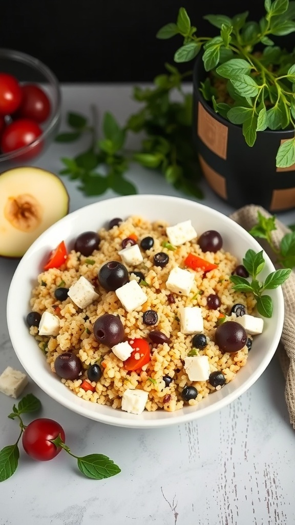 A bowl of Mediterranean Couscous Salad with cherry tomatoes, olives, and feta cheese.
