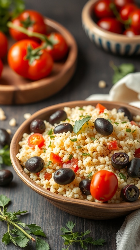 A bowl of Mediterranean couscous salad with cherry tomatoes, black olives, and parsley, surrounded by fresh tomatoes.
