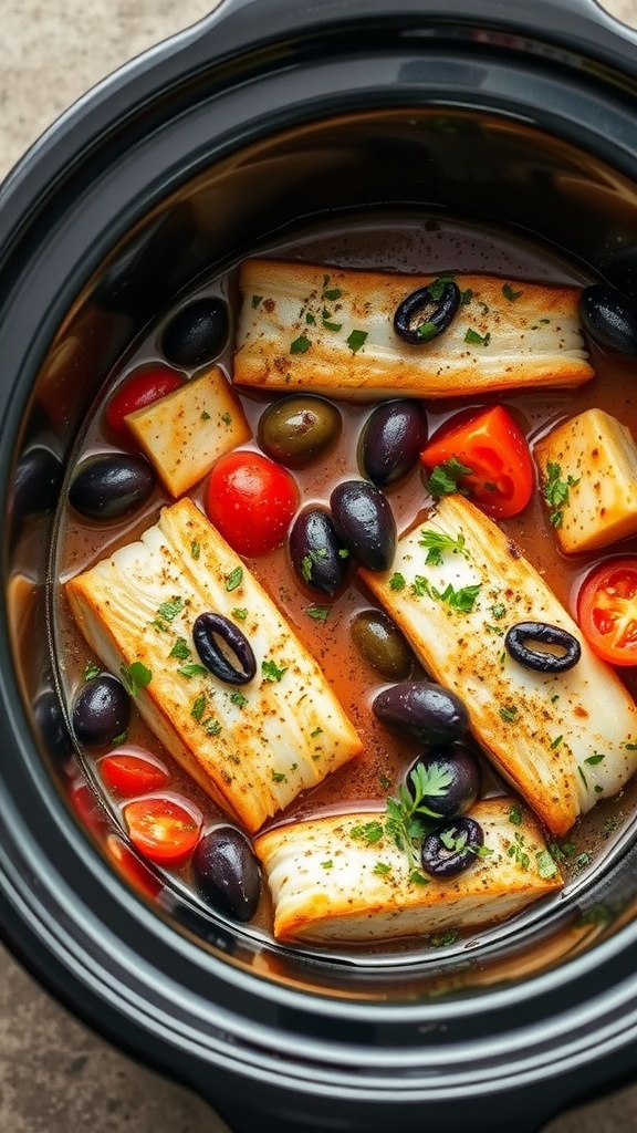 Crockpot filled with Mediterranean fish stew, featuring fish, tomatoes, and olives.