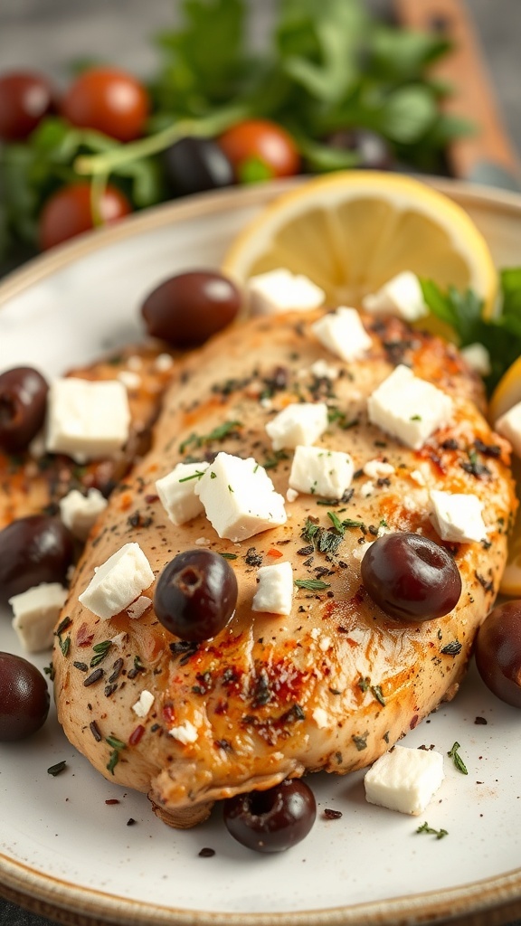 Plate of Mediterranean Herb Chicken topped with olives and feta cheese, garnished with lemon slices and fresh herbs.