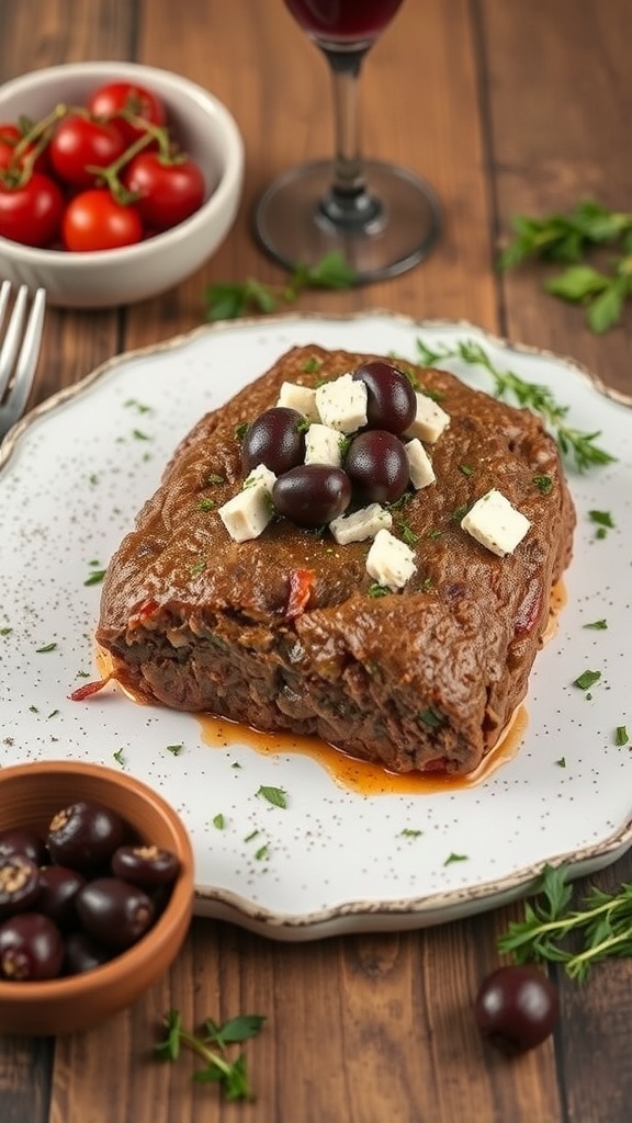Mediterranean Lamb Meatloaf garnished with olives and feta cheese, served with cherry tomatoes and a glass of red wine.