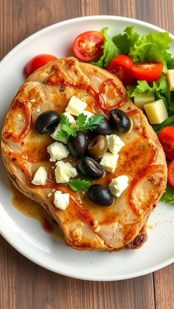 Plate of Mediterranean pork chops topped with olives and feta cheese, served with salad.