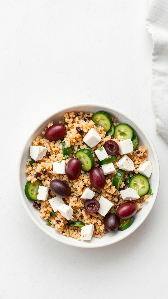 A bowl of Mediterranean quinoa salad with cucumbers, grapes, feta cheese, and olives.