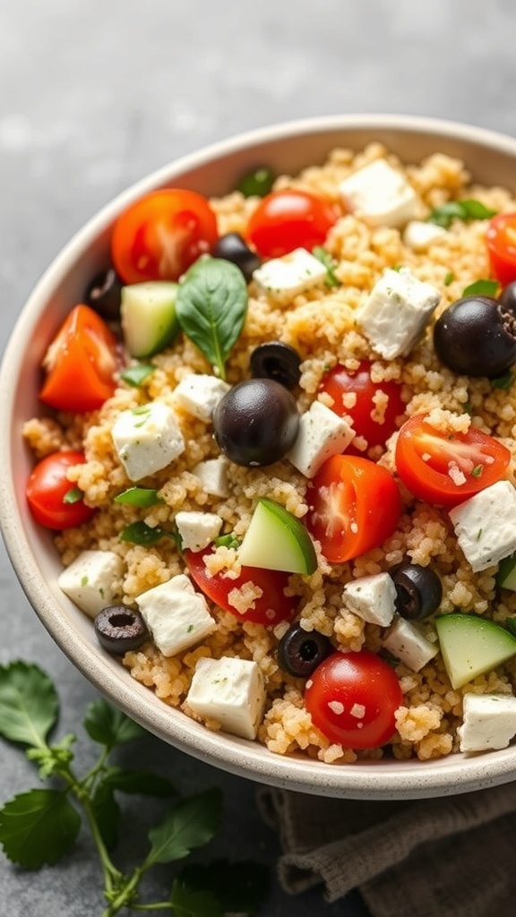 A bowl of Mediterranean quinoa salad with cherry tomatoes, cucumbers, black olives, and feta cheese.