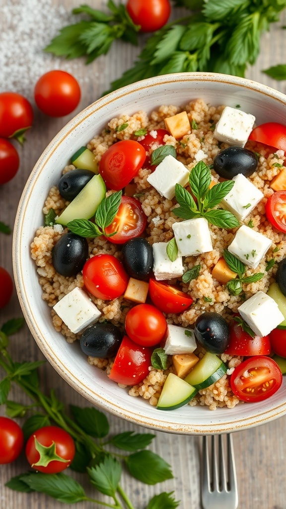 A bowl of Mediterranean quinoa salad with cherry tomatoes, cucumbers, olives, and feta cheese.