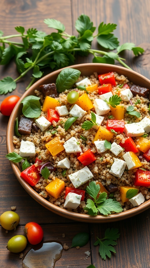 A bowl of Mediterranean quinoa salad with colorful vegetables and feta cheese.