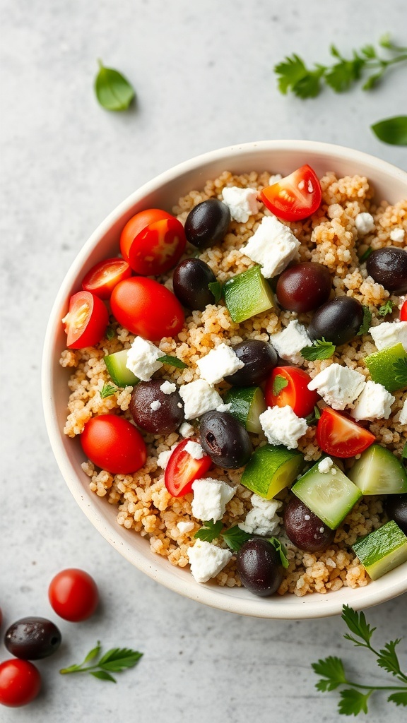 A bowl of Mediterranean Quinoa Salad with cherry tomatoes, cucumbers, black olives, and feta cheese.