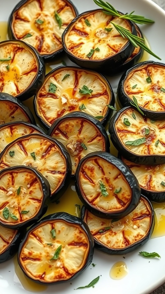 A plate of beautifully roasted eggplant slices, garnished with herbs and drizzled with olive oil.
