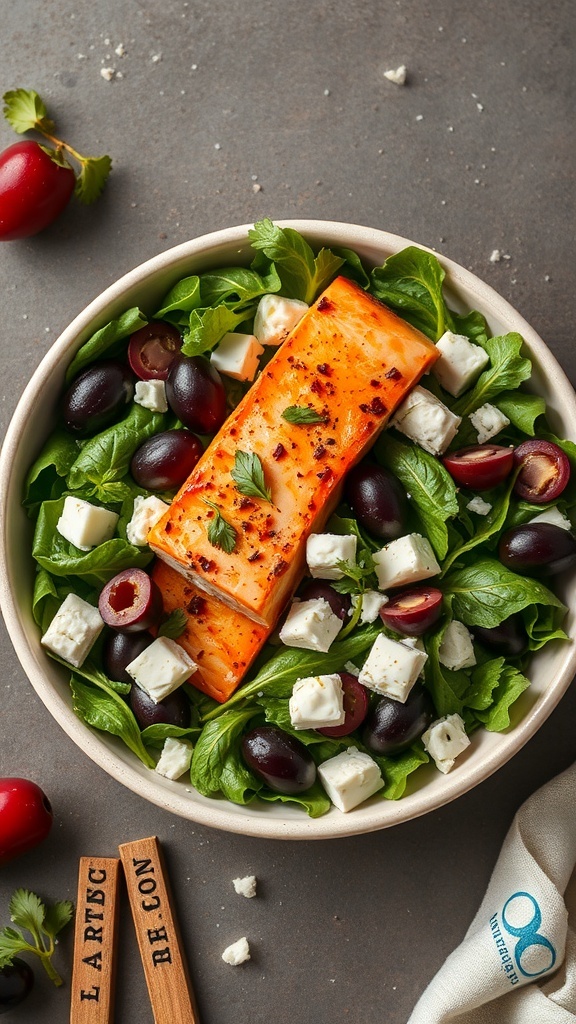 A Mediterranean salmon salad featuring salmon fillets on a bed of greens, olives, and feta cheese.