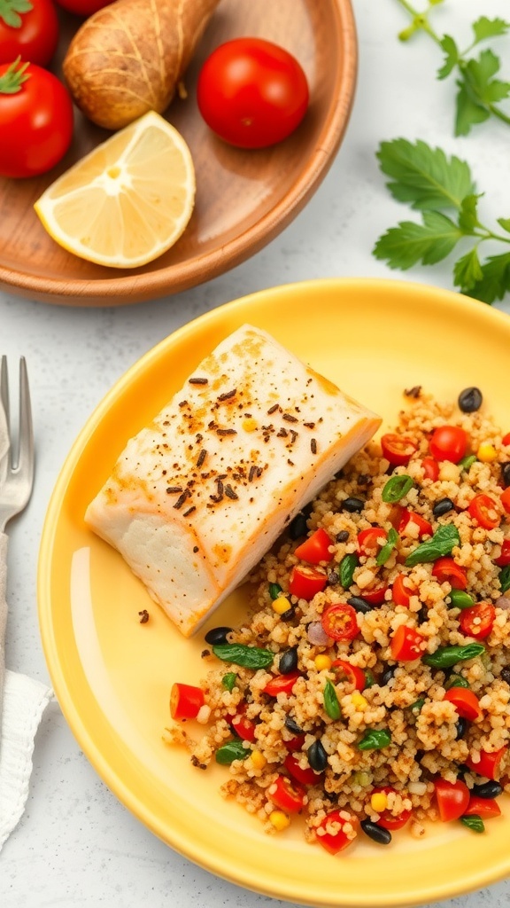 Plate of Mediterranean salmon with quinoa salad, garnished with fresh vegetables and lemon.