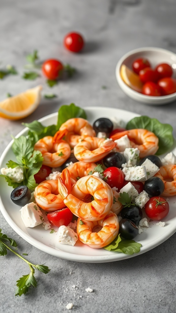 A vibrant Mediterranean shrimp salad with shrimp, cherry tomatoes, olives, and feta cheese on a white plate.