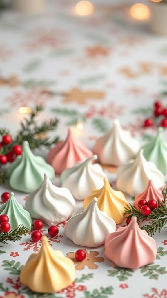 Colorful meringue kisses arranged on a festive table with decorations.