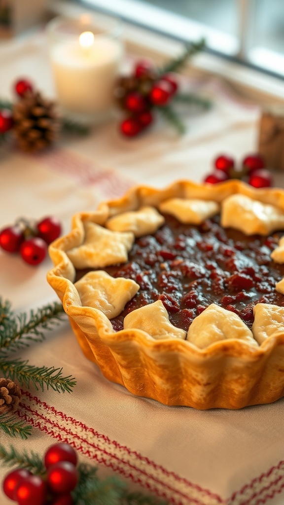 A beautifully baked mincemeat pie with a golden crust and festive star-shaped crust pieces on top, surrounded by holiday decorations.