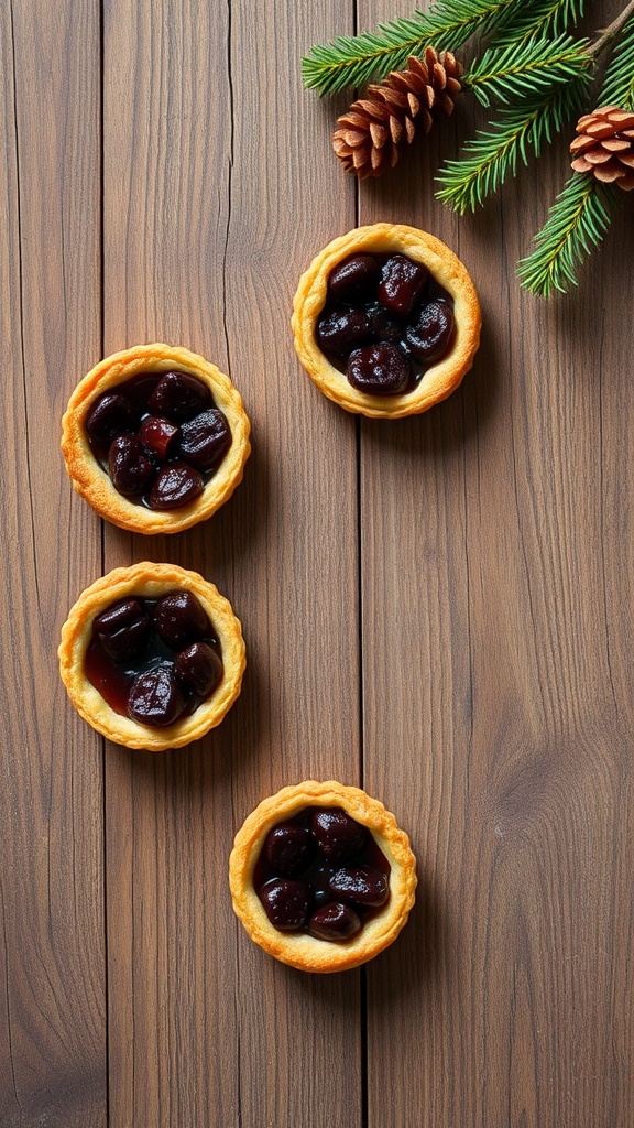 Mincemeat tarts on a wooden surface with pinecones and greenery