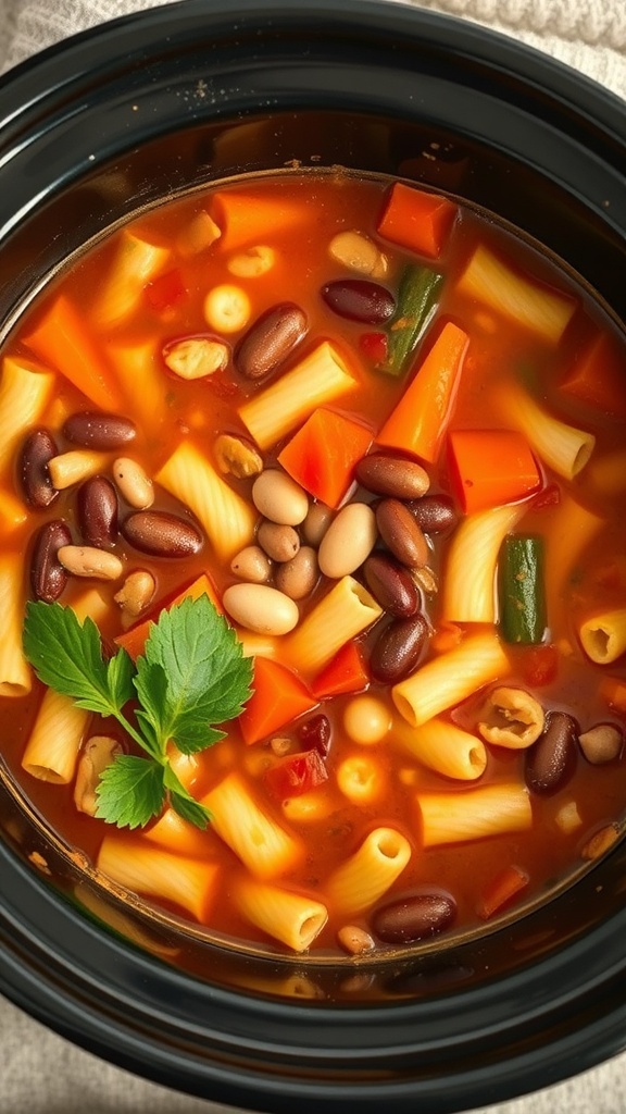 A bowl of minestrone soup with colorful vegetables and pasta in a crock pot.