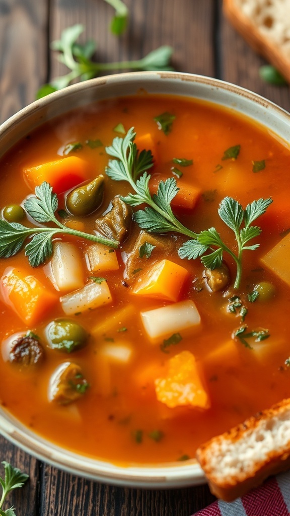 A bowl of minestrone soup with fresh herbs and a slice of bread