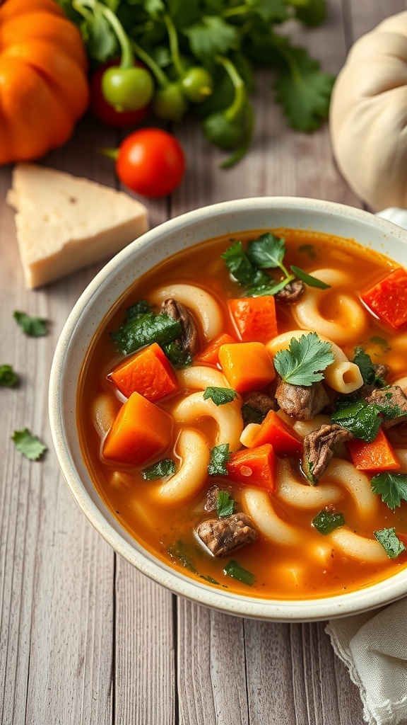 A bowl of minestrone soup with seasonal vegetables, garnished with herbs, surrounded by fresh vegetables.