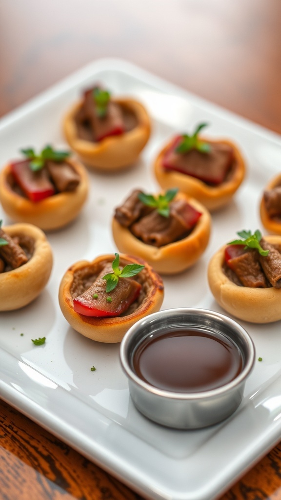 Plate of Mini Beef Wellington Bites topped with sauce and garnished