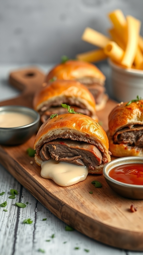 Mini Beef Wellingtons on a wooden platter with dipping sauces and fries.