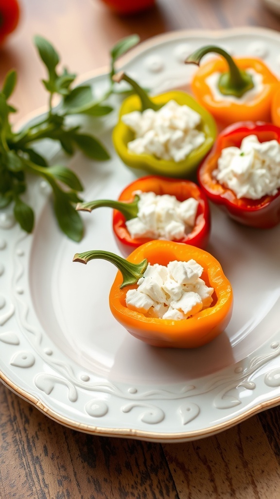 Mini bell peppers stuffed with feta cheese on a decorative plate.