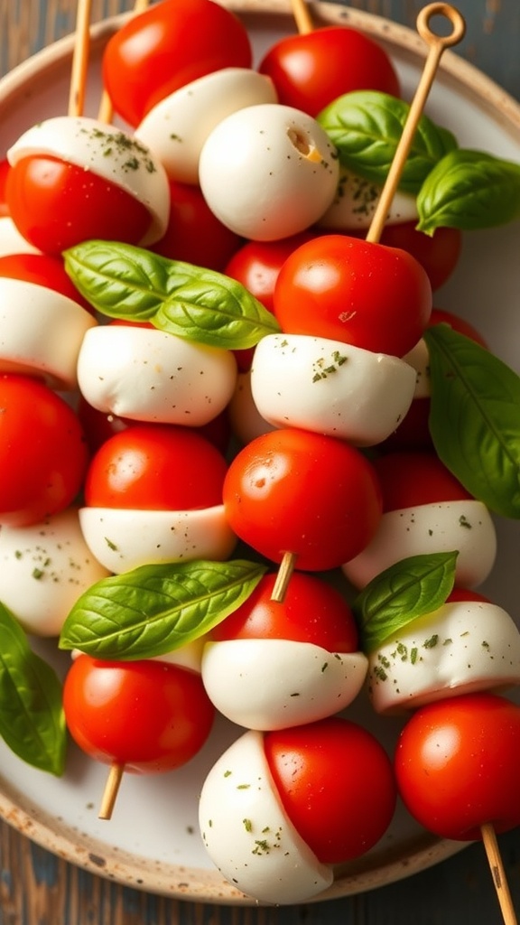 A plate of mini Caprese skewers with cherry tomatoes, mozzarella balls, and fresh basil.
