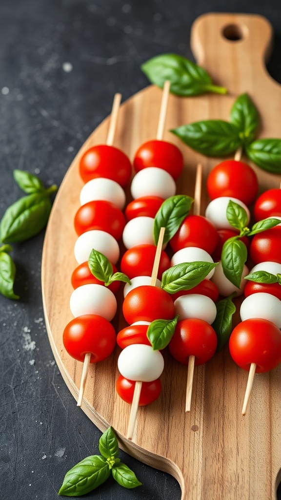 Mini Caprese Skewers with cherry tomatoes, mozzarella balls, and basil on a wooden board