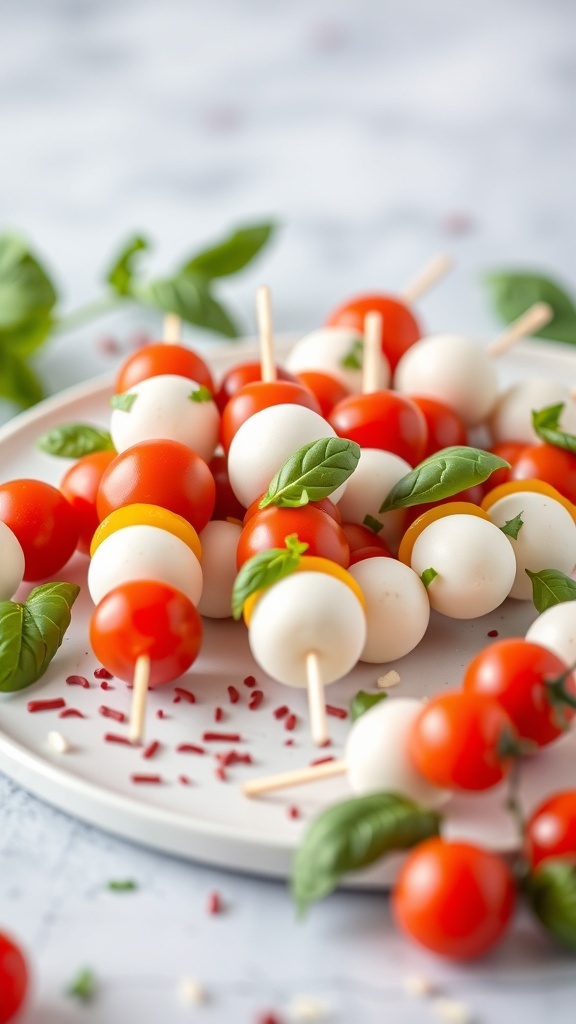 Mini Caprese skewers with cherry tomatoes, mozzarella balls, and basil leaves on a plate.