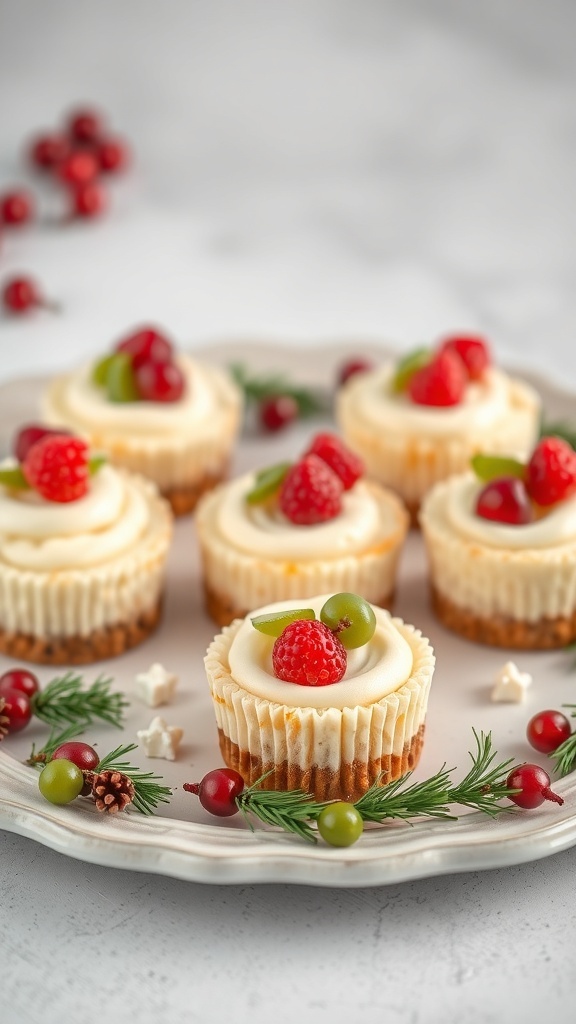 A plate of mini cheesecake bites decorated with raspberries and green grapes, surrounded by festive decorations.