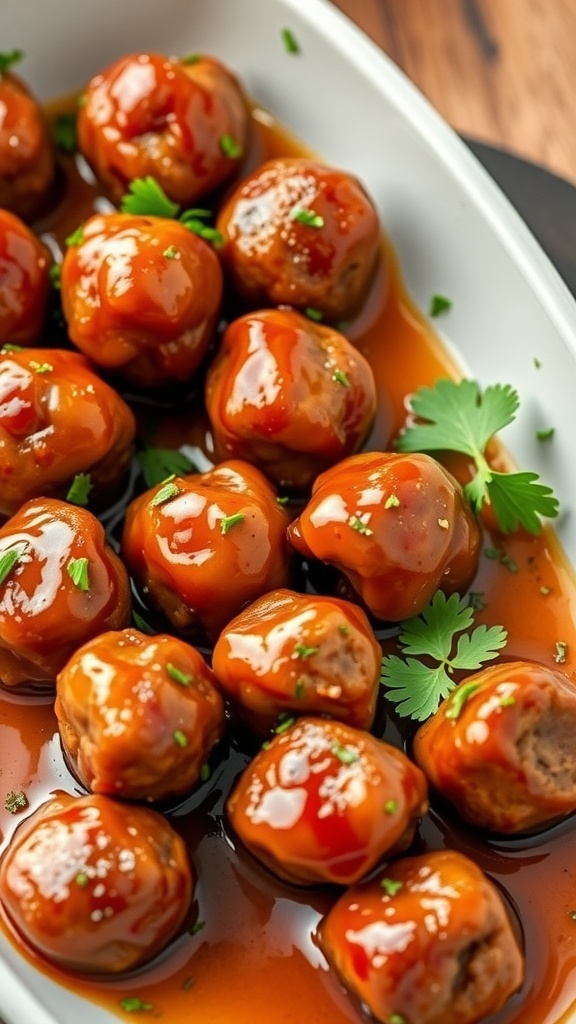 A platter of mini meatballs in a rich sauce, garnished with herbs