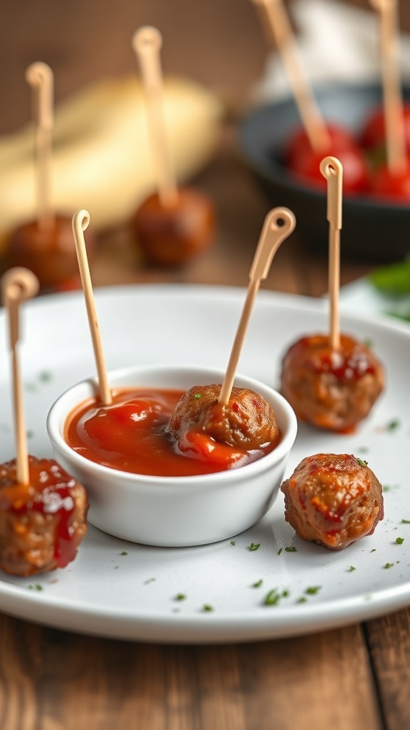 Mini meatballs served with dipping sauce on a plate.