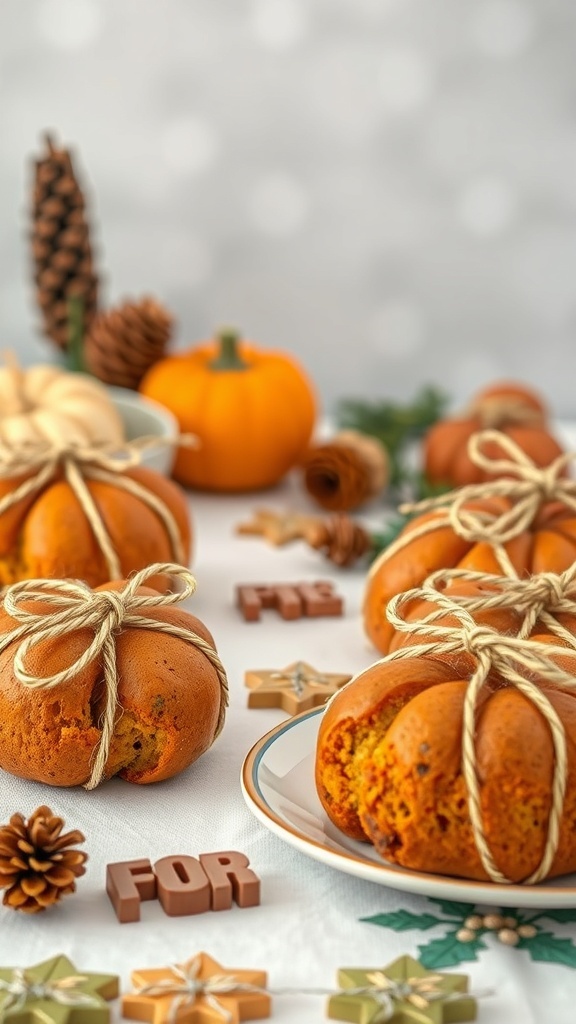 Mini pumpkin bread loaves wrapped with twine, surrounded by autumn decorations.