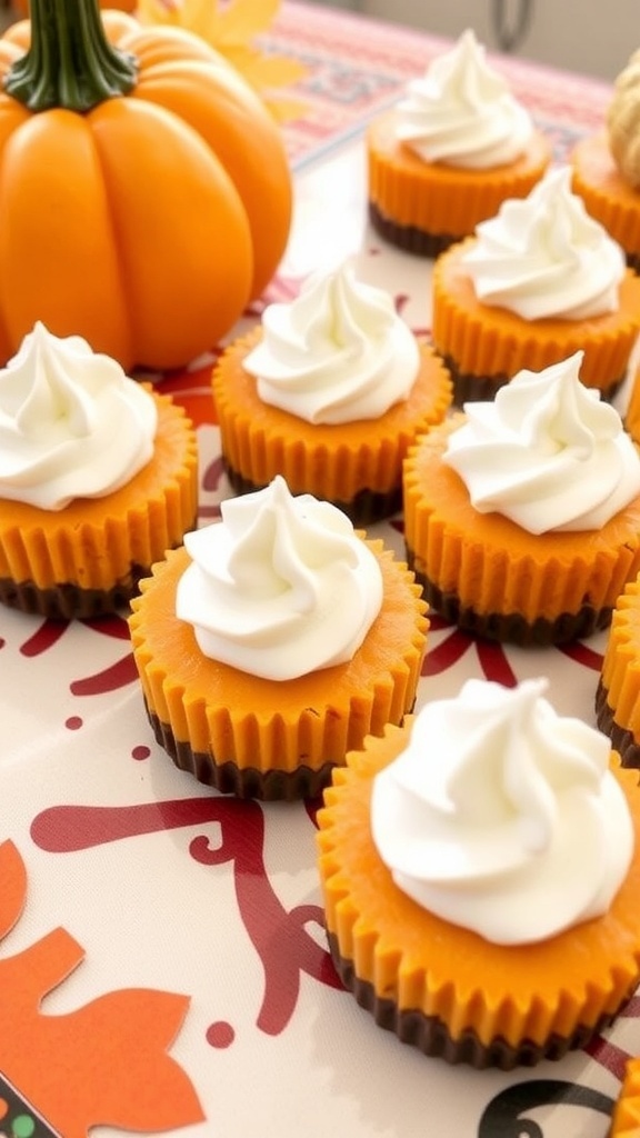 Mini pumpkin cheesecakes topped with whipped cream and surrounded by small pumpkins