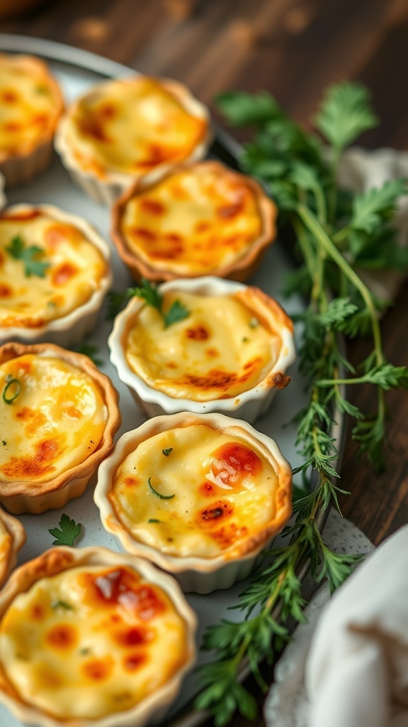 A platter of mini quiches with a crispy crust and golden filling, garnished with fresh herbs.