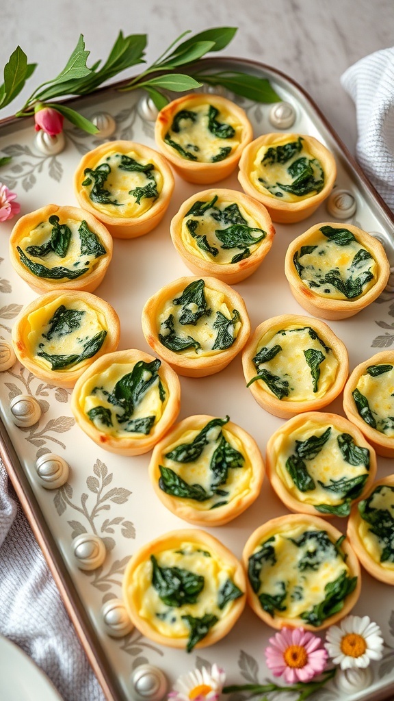 A tray of mini quiches filled with spinach and cheese.